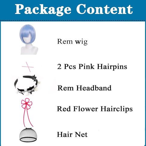 شعر مستعار ريم مع عصابة رأس X دبابيس زهرة القوس، شعر مستعار كوسبلاي أنمي ريم، شعر مستعار بوب أزرق قصير للنساء والفتيات in Kuwait