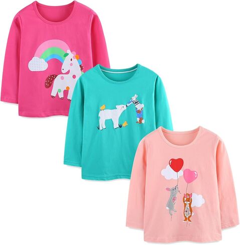 Toddler Girls T-Shirt Knit Cotton Animal Pattern Round Neck Long Sleeve Top Sweatshirt 3 Pack in Saudi Arabia