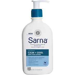Sarna Calm + Cool Anti-Itch Lotion, Soothe and Relieve Pain and Itch from Insect Bites, Sunburn, & Poison Ivy, Contains 1% Pramoxine Hydrochloride, 0.5% Menthol, Vegan, Steroid-Free, 7.5oz