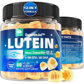 Sugar Free Lutein 20mg & Zeaxanthin Eye Supplement Plus EPA 190mg & DHA 80mg, Eye Vitamins Filled Gummies with Selenium & Zinc, Bilberry, Goji Berry, Saffron & Grape Seed Extract, Vitamin D3, C & E