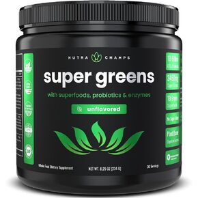 NutraChamps Super Greens Powder Premium Superfood | 20+ Organic Green Veggie Whole Foods | Alfalfa, Spirulina, Chlorella & More | Antioxidant, Digestive Enzyme & Probiotic Blends | Unflavored