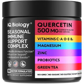 Quercetin Green Tea Magnesium Citrate Vitamin D Vitamin C Vitamin E Probiotic Blend Zinc Digestive Enzymes Turmeric Chlorophyll Ginger Iron Supplement Selenium Resveratrol Calcium - 60 Caps