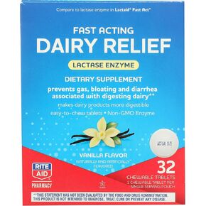 Rite Aid Fast Acting Dairy Relief Chewable Tablets, Vanilla Flavor - 32 Ct. | Lactase Enzyme Supplement | Gas & Bloating Relief | Lactose Intolerance Pills | Dairy Relief Pills | Enzymes for Digestion in Kuwait
