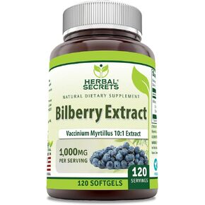 Herbal Secrets Bilberry Extract Supplement |1000 Mg Per Serving | 120 Softgels | Non-GMO | Gluten-Free | Made in USA