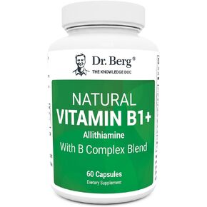 Dr. Berg Natural Vitamin B1 B6 B12 Complex - Allithiamine Vitamin B1 Supplement with 8 Essential Vitamin B Complex for Men & Women Including Thiamin, Niacin, Folate, Magnesium & More - 60 Capsules