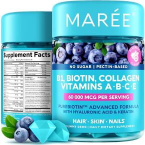 MAREE Vitamin B1 Thiamine & B7 Biotin Gummies - A E D C Vitamins Complex with Keratin, Collagen, Hyaluronic & Pantothenic Acid for Skin, Nails & Hair