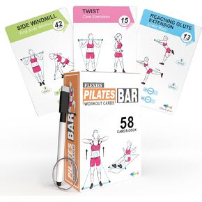 Pilates Bar Workout Cards - 58 Exercise Cards with Pilates Stick Work Out Postures, Instructions & Breathing Tips | Free Ring & Dry-Erase Marker to Create Your Customize Workout Planner Chart