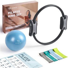 LIONSCOOL PILATES RING SET - Premium Anti-Deformation 14"Magic Circle with Dual Padded Handles - Includes Burst Resistant Pilates Mini Ball & Highly Elastic Resistance Bands - Free Workout Guide & Bag