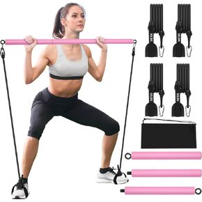 مجموعة بار البيلاتيس مع 4 أشرطة مقاومة، شريط بيلاتيس محمول للتمرين في صالة الألعاب الرياضية المنزلية، قضيب عصا بيلاتيس قابل للتعديل من 3 أقسام للنساء والرجال لتشكيل الجسم بالكامل in Kuwait