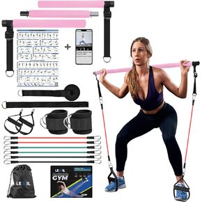 LEXIL Portable Pilates Bar Exercise Kit-Stackable 3 Pairs of Resistance Bands (15, 20, 30LB) - Home Gym Equipment for Men and Women, Workout Kit for Body Toning,with Fitness Video(Purple).