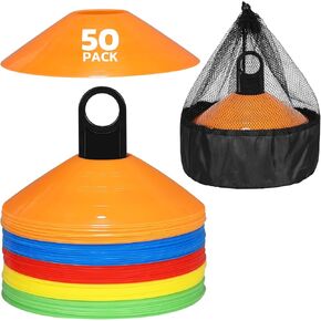 GHB Disc Cones 50 Pack Agility Soccer Cones with Carry Bag and Holder for Sports Training, Football, Basketball, Coaching, Practice Equipment Includes Cone Drills Guide