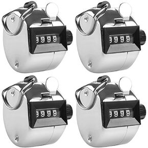 AFUNTA 4 Digit Hand Tally Counters, 4 Pack Mechanical Lap Tracker Manual Clicker with Metal Finger Ring Hoop Holder - Silver