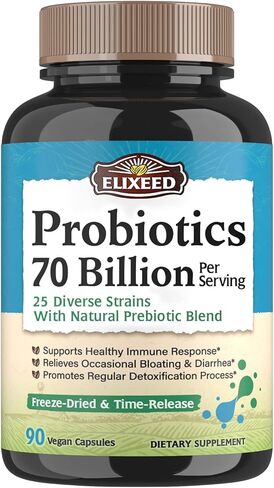 Probiotics, 25 Strains, 70 Billion CFU, with Prebiotic Fibers, Non-GMO, Freeze-Dried, Time-Release, Digestive & Immune Health, Regularity, 90 Vegan Caps in Kuwait