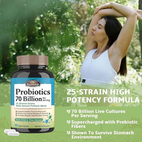 Probiotics, 25 Strains, 70 Billion CFU, with Prebiotic Fibers, Non-GMO, Freeze-Dried, Time-Release, Digestive & Immune Health, Regularity, 90 Vegan Caps in Kuwait