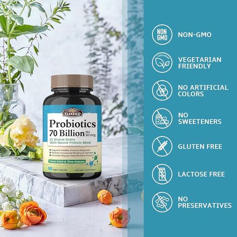 Probiotics, 25 Strains, 70 Billion CFU, with Prebiotic Fibers, Non-GMO, Freeze-Dried, Time-Release, Digestive & Immune Health, Regularity, 90 Vegan Caps in Kuwait