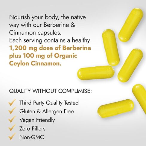 مكمل البربرين مع قرفة سيلان | Berberine HCL 1,200mg Plus Ceylon Cinnamon من سريلانكا لصحة القلب وتخفيف الوزن ودعم المناعة | لا يحتوي على كائنات معدلة وراثيًا، تم اختباره معمليًا، بدون مواد مالئة | 120 قيراط. in Saudi Arabia