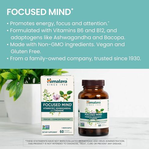 Himalaya Focused Mind with Ashwagandha, Bacopa & L-Theanine for Focus, Energy and Attention, 60 Capsules, 1 Month Supply, Vegan, Gluten Free in Saudi Arabia