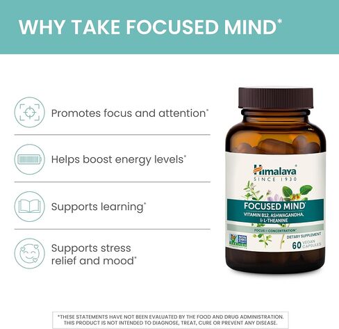 Himalaya Focused Mind with Ashwagandha, Bacopa & L-Theanine for Focus, Energy and Attention, 60 Capsules, 1 Month Supply, Vegan, Gluten Free in Saudi Arabia