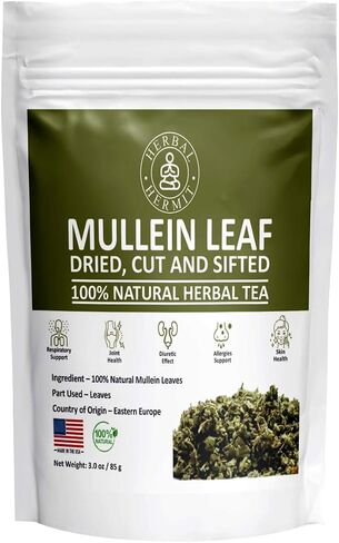 Herbal Hermit Mullein Leaf Tea (3 oz/85 grams) Herb for Respiratory Support, Mucous Membranes, Lung Cleanse Dried Leaves Blend, Cut and Sifted Made in USA in Saudi Arabia
