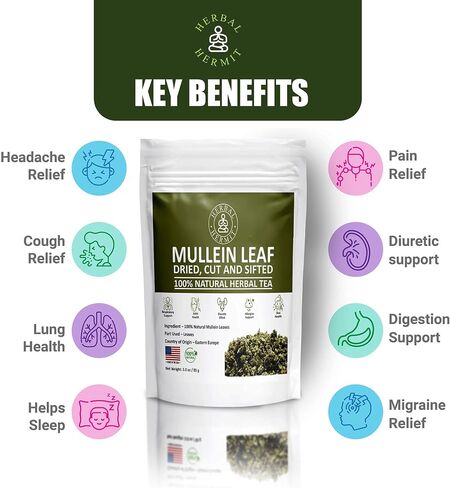 Herbal Hermit Mullein Leaf Tea (3 oz/85 grams) Herb for Respiratory Support, Mucous Membranes, Lung Cleanse Dried Leaves Blend, Cut and Sifted Made in USA in Saudi Arabia