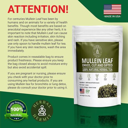 Herbal Hermit Mullein Leaf Tea (3 oz/85 grams) Herb for Respiratory Support, Mucous Membranes, Lung Cleanse Dried Leaves Blend, Cut and Sifted Made in USA in Saudi Arabia