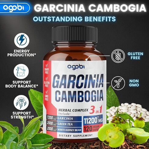 كبسولات أغوبي 3 في 1 بخلاصة جارسينيا كامبوجيا - مكمل عشبي 11200 مجم لصحة الجسم ودعم المناعة - ممزوج بالشاي الأخضر العضوي وفاصوليا الكلى البيضاء - 120 كبسولة نباتية - كمية تكفي لمدة شهرين in Kuwait