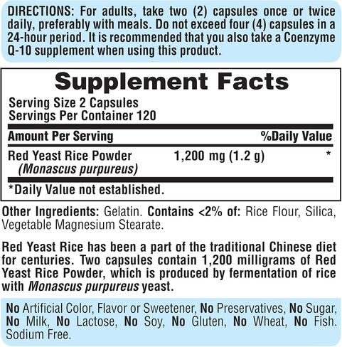 Puritan's Pride Red Yeast Rice 600 Mg, 240 Count, Red yeast rice powder, gelatin. Contains <2% of rice flour, silica, vegetable magnesium stearate in Saudi Arabia