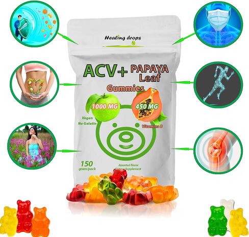 قطرات الشفاء علكة ACV وخلاصة أوراق البابايا - مكمل خل التفاح القوي الممتاز - مملوء باليود وفيتامينات B6 B12 - الصفائح الدموية والبشرة والقلب (2، عادي) in Saudi Arabia