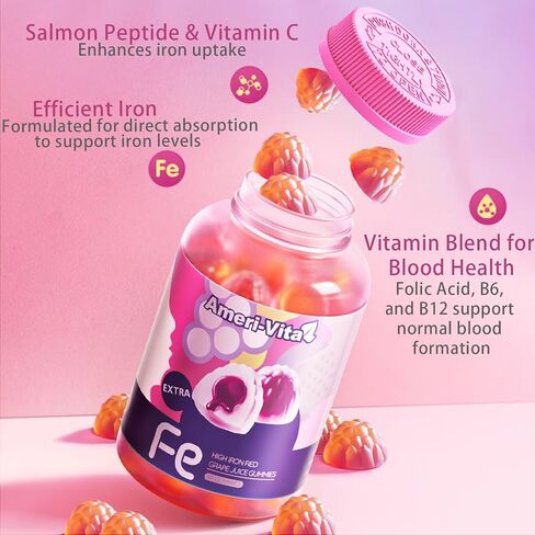 Iron Gummies with Heme Iron | Enriched with Salmon Hydrolyzed Peptides & Multi-Fruit & Veggie Powder | Vitamins C, B6, B12, Folic Acid | Sugar-Free, Grape Flavor, 60 Count in Saudi Arabia