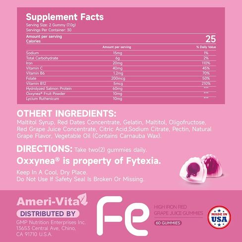 Iron Gummies with Heme Iron | Enriched with Salmon Hydrolyzed Peptides & Multi-Fruit & Veggie Powder | Vitamins C, B6, B12, Folic Acid | Sugar-Free, Grape Flavor, 60 Count in Saudi Arabia