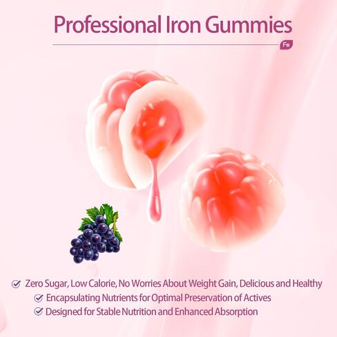 Iron Gummies with Heme Iron | Enriched with Salmon Hydrolyzed Peptides & Multi-Fruit & Veggie Powder | Vitamins C, B6, B12, Folic Acid | Sugar-Free, Grape Flavor, 60 Count in Saudi Arabia