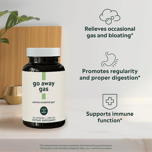 مكمل غاز الجذع والجذور | يخفف الغازات العرضية | مصنوع من البروبيوتيك والإنزيمات الهاضمة والزنجبيل | نباتي وخالي من الغلوتين، 30 كبسولة in Kuwait