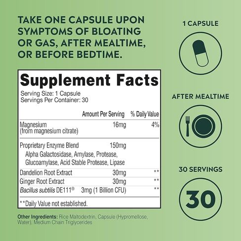 مكمل غاز الجذع والجذور | يخفف الغازات العرضية | مصنوع من البروبيوتيك والإنزيمات الهاضمة والزنجبيل | نباتي وخالي من الغلوتين، 30 كبسولة in Kuwait