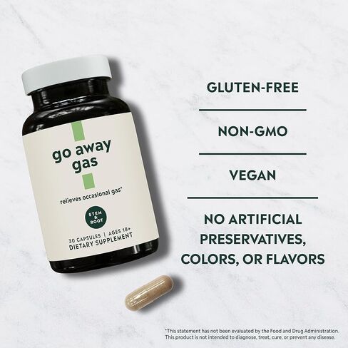 مكمل غاز الجذع والجذور | يخفف الغازات العرضية | مصنوع من البروبيوتيك والإنزيمات الهاضمة والزنجبيل | نباتي وخالي من الغلوتين، 30 كبسولة in Kuwait