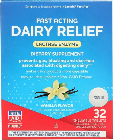 Rite Aid Fast Acting Dairy Relief Chewable Tablets, Vanilla Flavor - 32 Ct. | Lactase Enzyme Supplement | Gas & Bloating Relief | Lactose Intolerance Pills | Dairy Relief Pills | Enzymes for Digestion in Kuwait