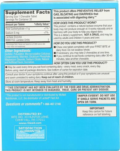 Rite Aid Fast Acting Dairy Relief Chewable Tablets, Vanilla Flavor - 32 Ct. | Lactase Enzyme Supplement | Gas & Bloating Relief | Lactose Intolerance Pills | Dairy Relief Pills | Enzymes for Digestion in Kuwait