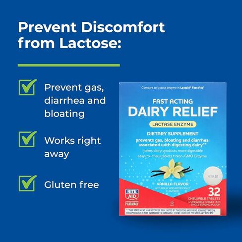 Rite Aid Fast Acting Dairy Relief Chewable Tablets, Vanilla Flavor - 32 Ct. | Lactase Enzyme Supplement | Gas & Bloating Relief | Lactose Intolerance Pills | Dairy Relief Pills | Enzymes for Digestion in Kuwait