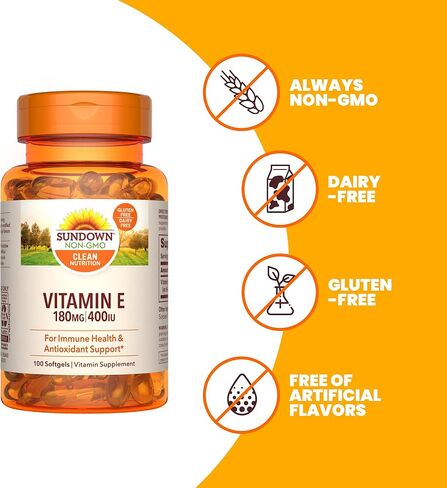 كبسولات هلامية Sundown فيتامين E 400 وحدة دولية، تدعم صحة المناعة ومضادات الأكسدة، عدد 100 in Kuwait