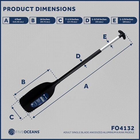 Five Oceans Canoe Paddle, Canoe Paddles, Ergonomic Black Blade, 4-Feet Long, Anodized Aluminum Shaft, Reinforced ABS Plastic Blade, Lightweight - FO4132 in Kuwait