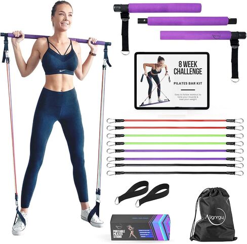 Portable Pilates Bar Kit with Resistance Bands (20, 30, 40, 50 LB) - Guided 8-Week Pilates Bar Kit Plan - Premium Quality Home Equipment 3-Section Pilates Bar with Resistance Bands Full-Body Toning in Saudi Arabia