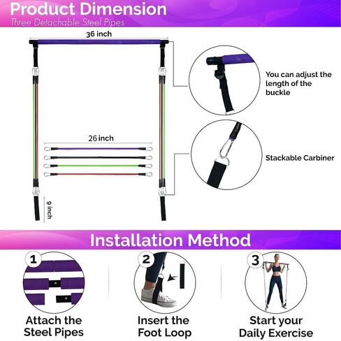 Portable Pilates Bar Kit with Resistance Bands (20, 30, 40, 50 LB) - Guided 8-Week Pilates Bar Kit Plan - Premium Quality Home Equipment 3-Section Pilates Bar with Resistance Bands Full-Body Toning in Saudi Arabia