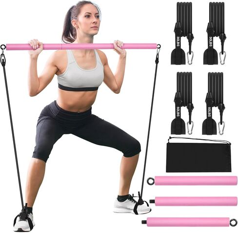 مجموعة بار البيلاتيس مع 4 أشرطة مقاومة، شريط بيلاتيس محمول للتمرين في صالة الألعاب الرياضية المنزلية، قضيب عصا بيلاتيس قابل للتعديل من 3 أقسام للنساء والرجال لتشكيل الجسم بالكامل in Kuwait