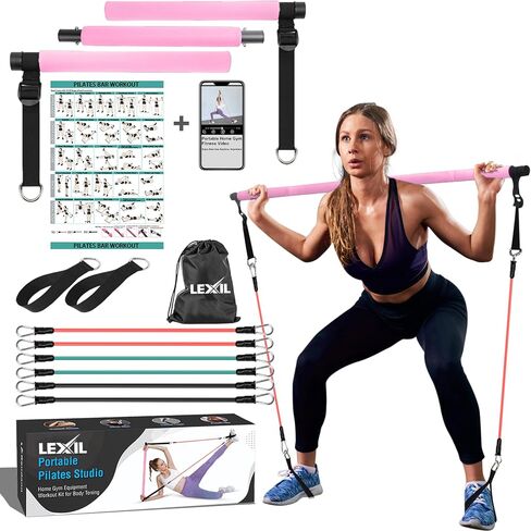 LEXIL Portable Pilates Bar Exercise Kit-Stackable 3 Pairs of Resistance Bands (15, 20, 30LB) - Home Gym Equipment for Men and Women, Workout Kit for Body Toning,with Fitness Video(Purple). in Saudi Arabia