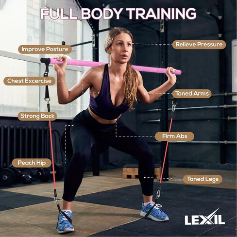 LEXIL Portable Pilates Bar Exercise Kit-Stackable 3 Pairs of Resistance Bands (15, 20, 30LB) - Home Gym Equipment for Men and Women, Workout Kit for Body Toning,with Fitness Video(Purple). in Saudi Arabia
