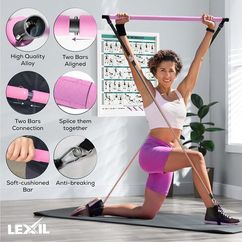 LEXIL Portable Pilates Bar Exercise Kit-Stackable 3 Pairs of Resistance Bands (15, 20, 30LB) - Home Gym Equipment for Men and Women, Workout Kit for Body Toning,with Fitness Video(Purple). in Saudi Arabia