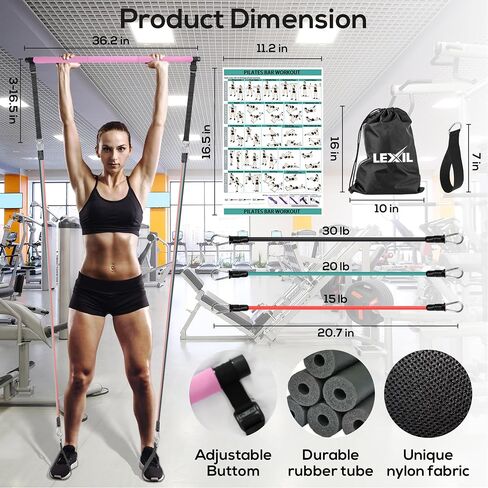 LEXIL Portable Pilates Bar Exercise Kit-Stackable 3 Pairs of Resistance Bands (15, 20, 30LB) - Home Gym Equipment for Men and Women, Workout Kit for Body Toning,with Fitness Video(Purple). in Saudi Arabia