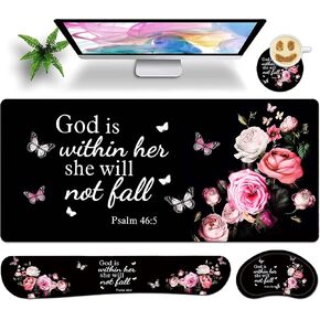 Large Gaming Mouse Pad Set 35.4 x 15.7 with Keyboard Wrist Rest, Wrist Support, and Coaster Memory Foam Smooth Desk Pad Mousepad for Home Office School - Floral Bible