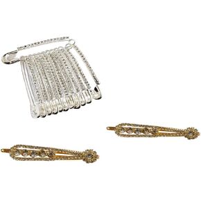 Sahishnu Online & Marketing Decorative Silver Stone Saree Pins-12 with 2 Decorative Saree Pins,Safety pins, Saree Pins Set of 12 and 2 Decorative Pins