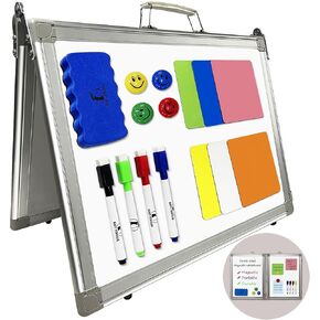 Foldable Whiteboard Set - 16 x 12 in Folding Dry Erase Board with 1 Eraser, 4 Dry Wipe Off Markers, 4 Magnets and 6 Magnetic Labels - Desktop or Wall Hanging White Board for Home and Office