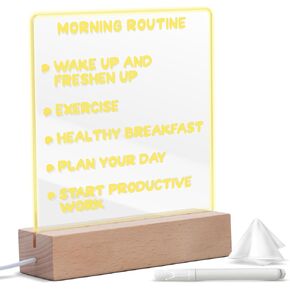 Acrylic Dry Erase Board with Light Up Stand - Desktop Note Board for Reminders, Drawings, Night Light, Room Decoration, 14.8cmx15cm LED Message Board, Clear Dry Erase Board with Wooden Base